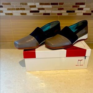 Thierry Rabotin soft taupe leather shoe with denim trim.